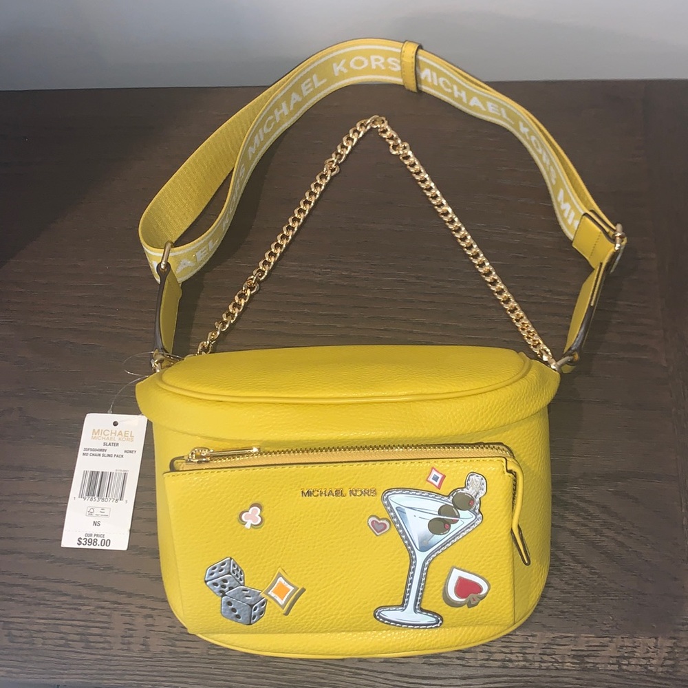$398 NWT Michael Kors Slater MD Chain Sling Bag Vibrant Yellow Crossbody